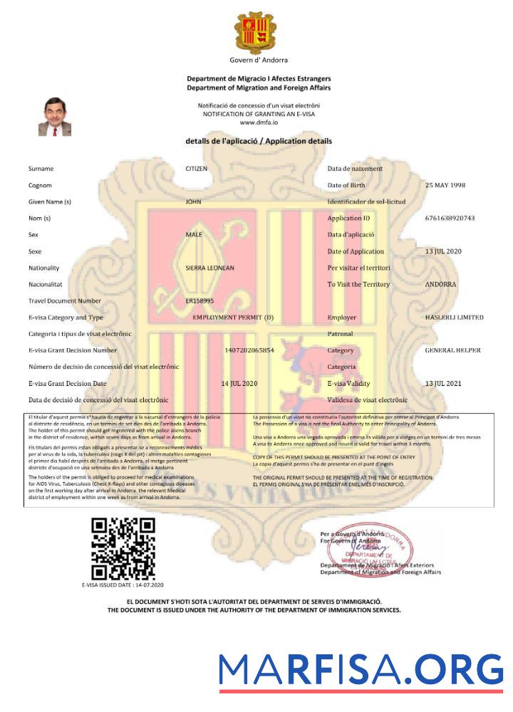 Downloadable Andorra e visa in Word and Pdf template